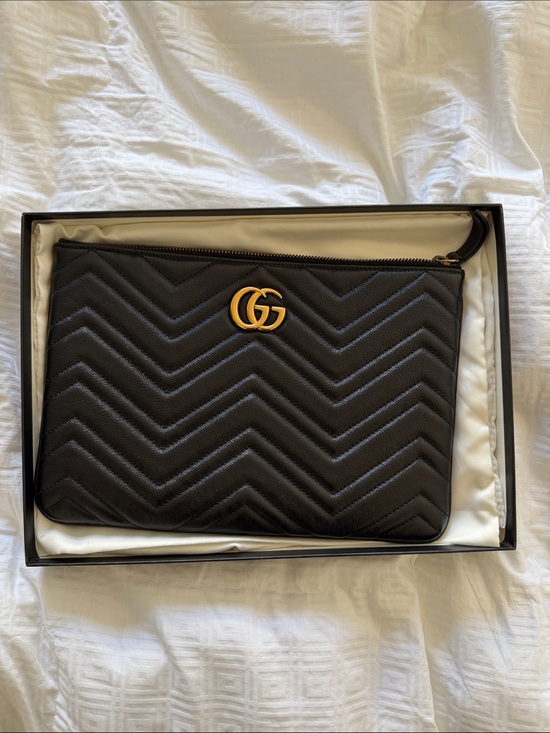 Gucci Handbags - Gucci Black Chevron Leather Pouch with Gold Double G